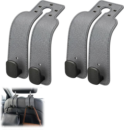 Headrest Hooks for Car, Car Seat Back Organizer Storage Hook, Double Hook Car Seat Hooks for Hanger Purses and Bags, Leather Purse Holder for Car (Grey)