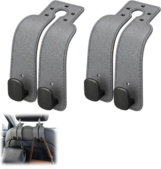 Headrest Hooks for Car, Car Seat Back Organizer Storage Hook, Double Hook Car Seat Hooks for Hanger Purses and Bags, Leather Purse Holder for Car (Grey)