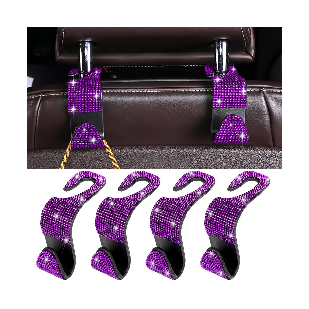 Zpana 4PCS Bling Car Seat Headrest Hooks, Crystal Rhinestones, Pink