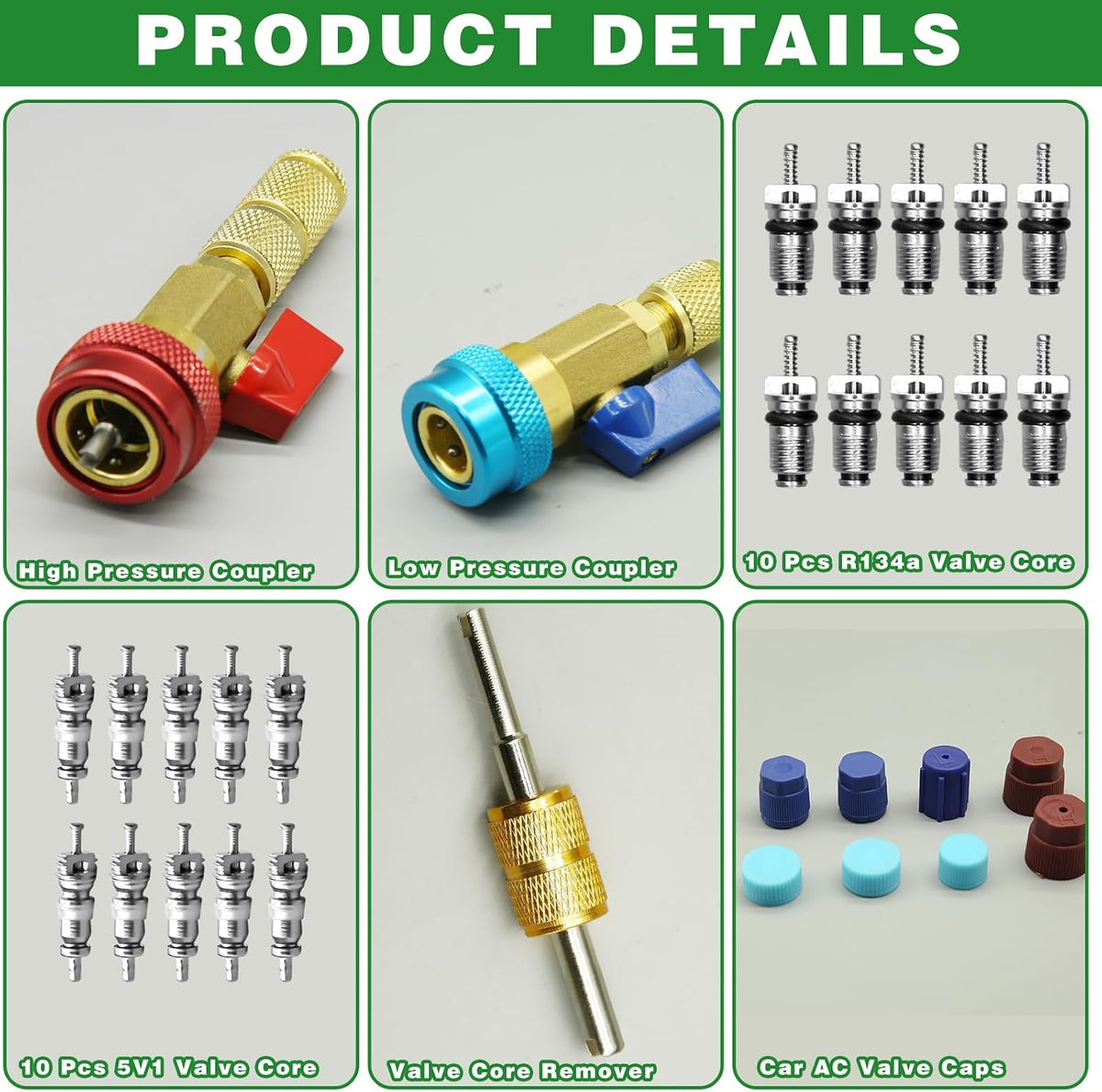 31Pcs R134A Valve Core Remover Installer Tool Kit, High Low Pressure Valve Core Quick Removal Tool Comes with AC Service Port Cap R134A Valve Core Valve Stem for Refrigerant Air Conditioner System