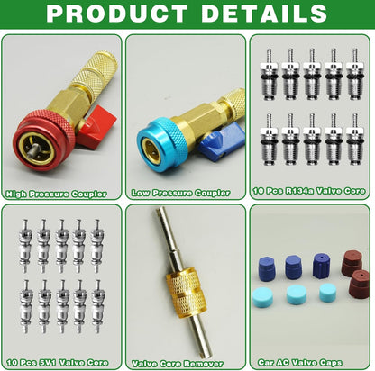 31Pcs R134A Valve Core Remover Installer Tool Kit, High Low Pressure Valve Core Quick Removal Tool Comes with AC Service Port Cap R134A Valve Core Valve Stem for Refrigerant Air Conditioner System