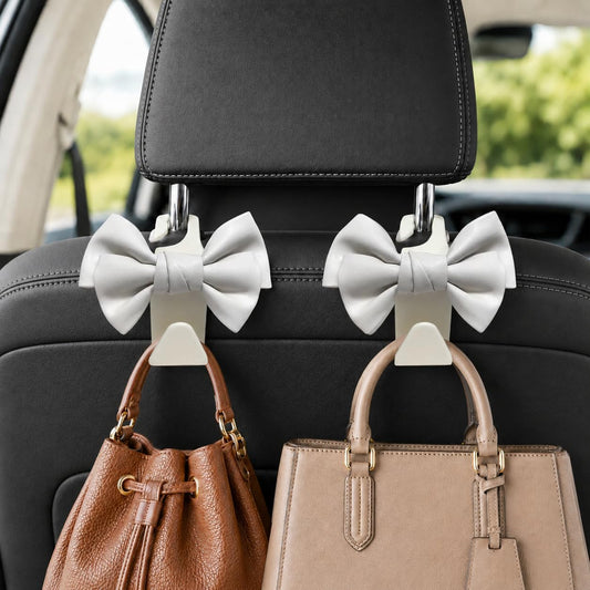2 Pack Car Purse Hooks, Cute Bow Car Seat Headrest Hook Hanger for Purses and Bags.(white)
