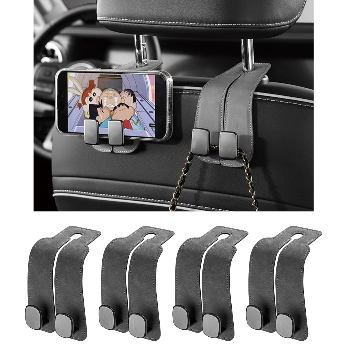 KINIVA Car Seat Headrest Storage Hooks, Set of 2, Suede PU Leather, Double Hooks (Grey)