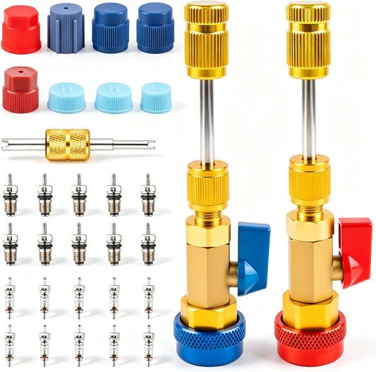 31PCS AC Valve Core Removal Tool for R134A Refrigerant Systems, Valve Core Quick Remover Installer Tool Set for High Low Pressure Ports, Includes Valve Core Tool Set, Service Port Caps and Stem Kit