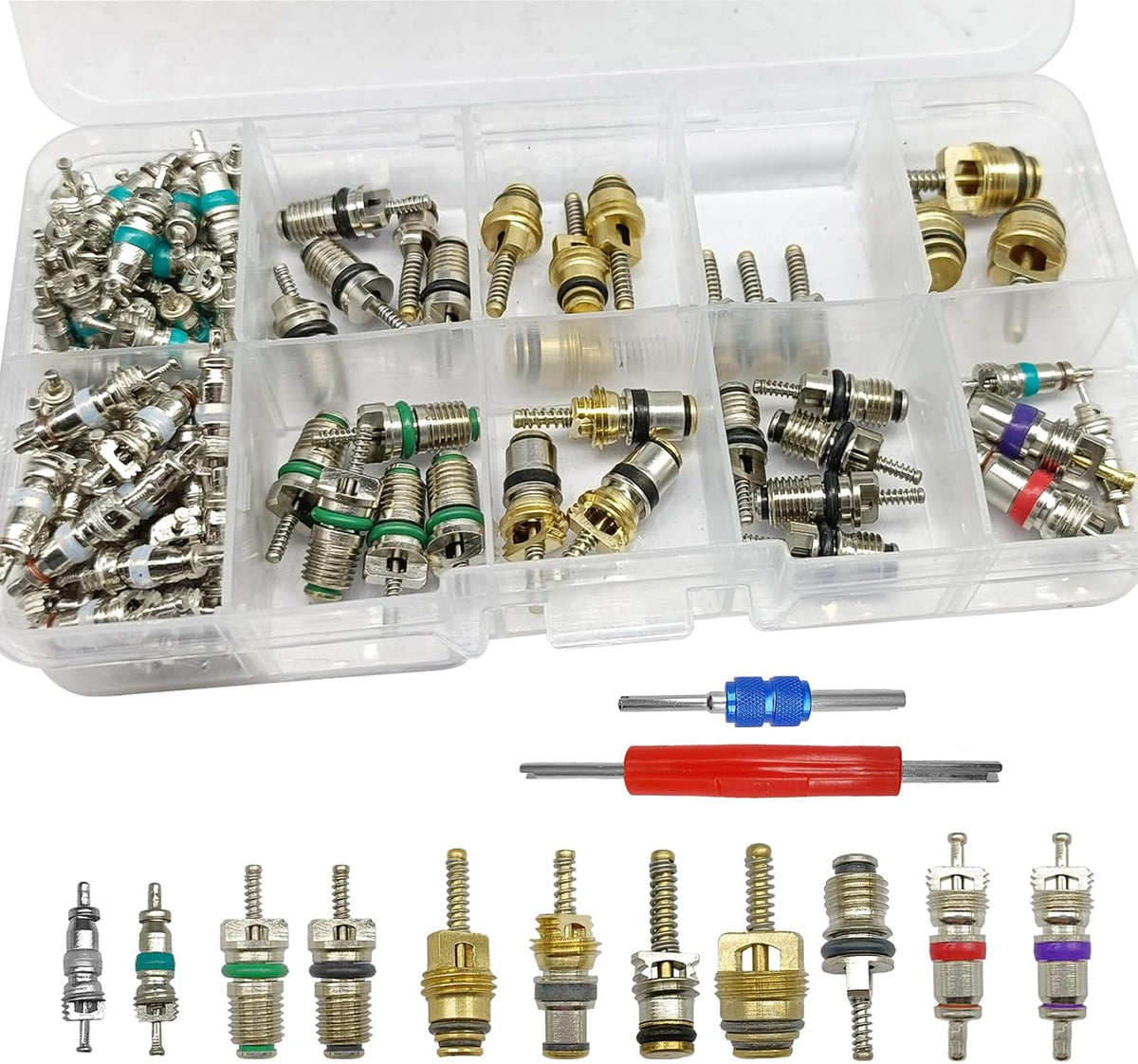 102Pcs Air Conditioning Valve Core Accessories Kit, A/C R12 R134a Refrigeration Tire Valve Stem with Double Head Dual Dismantling Remover Installer Tool Assortment Kit