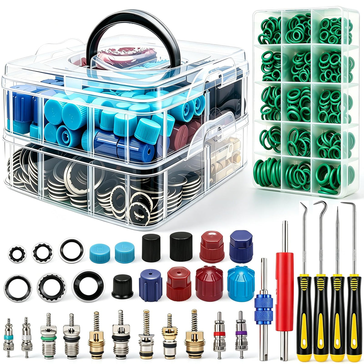 TWTADE R134A Valve Core Quick Remover Installer Tool Kit - High Low Pressure Car A/C Valve Core Removal Tool, Schrader Valve Stem Cores & Seal Caps for R12 R134a Refrigeration Air Conditioner System