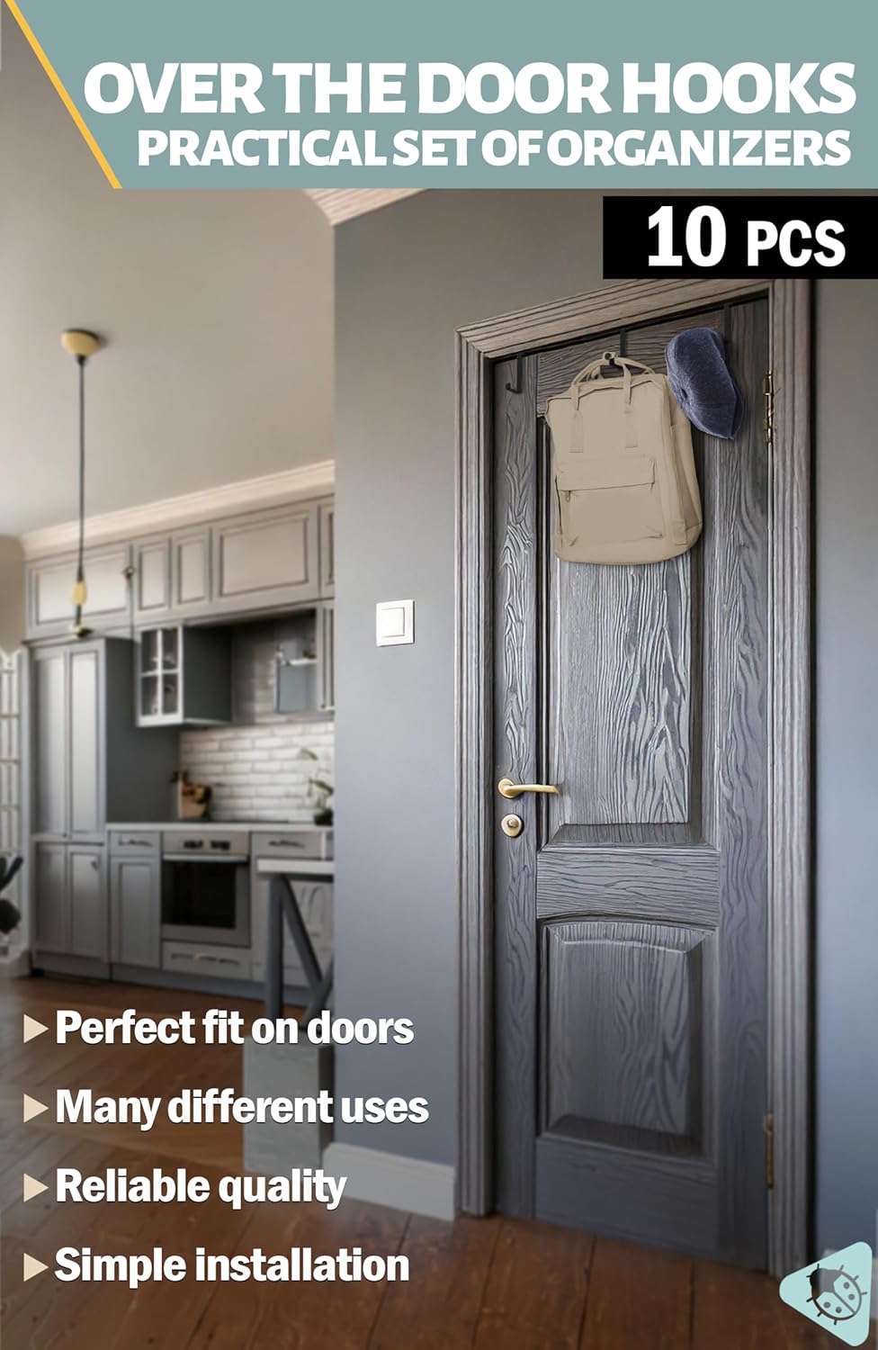 Menz Over the Door Hooks 10 Pack, 2-Sided Fits 1 3/8" & 1 3/4" Door, Bathroom Towel Hook with Anti-Scratch Pads, and Non-Slip Dots, L 3" Wreath Hanger Thin Overdoor Organizer Dorm Travel Essentials