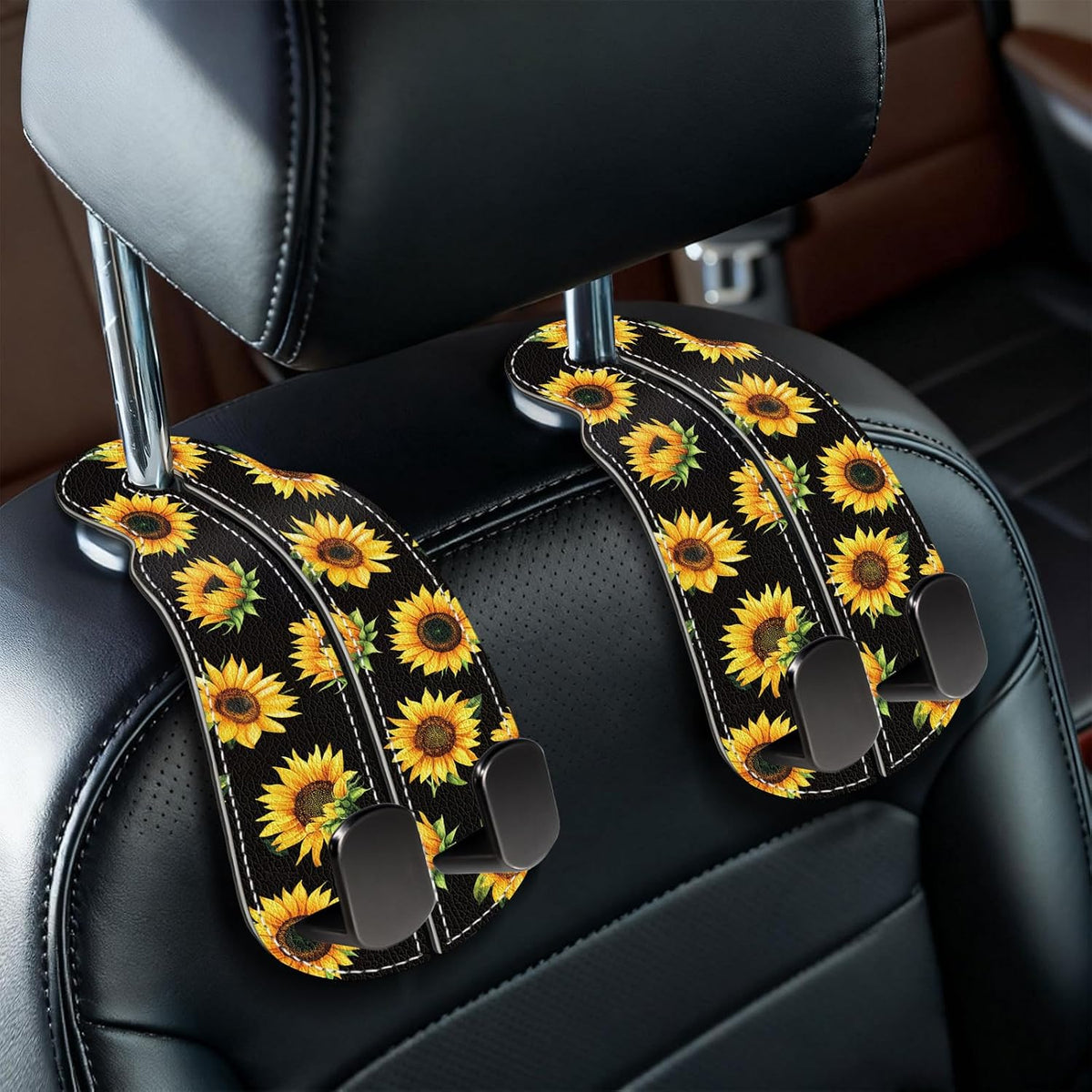 Blusabaca 2PCS Car Seat Headrest Hooks, Purses Bags Holder, Sunflower