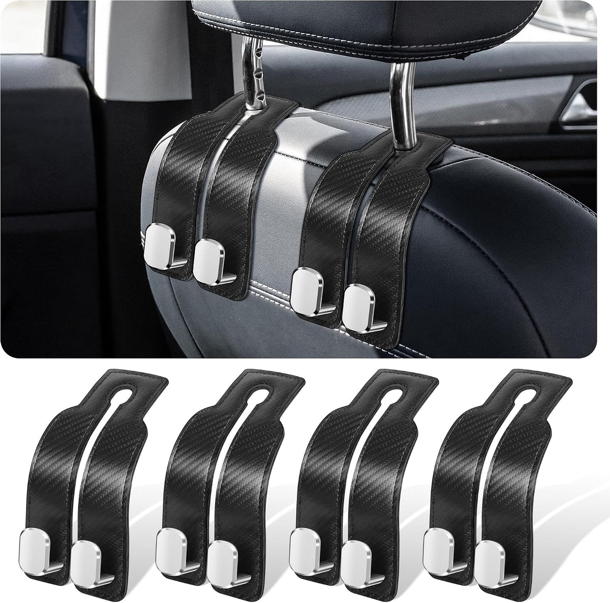 Car Purse Hook, 4-Pack Leather Headrest Hooks for Car