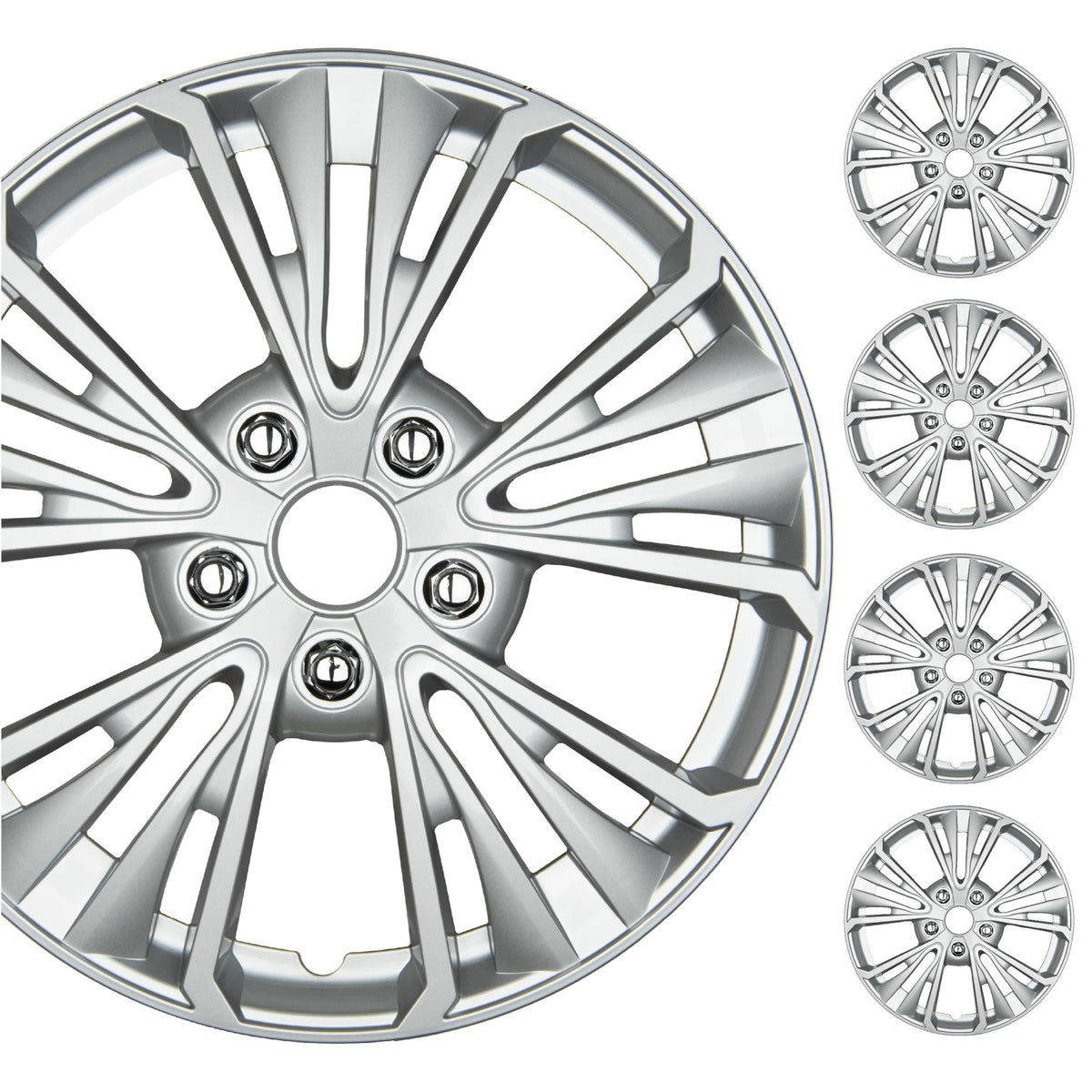 BDK 16 Inch Hubcaps Set of 4 – OEM Replacement Snap-On Wheel Rim Covers - Universal Fit Car Wheel Cover for Cars, Trucks, SUV, Vans Durable ABS Black & Silver 10-Spoke Hub-Cap Car Accessories Exterior
