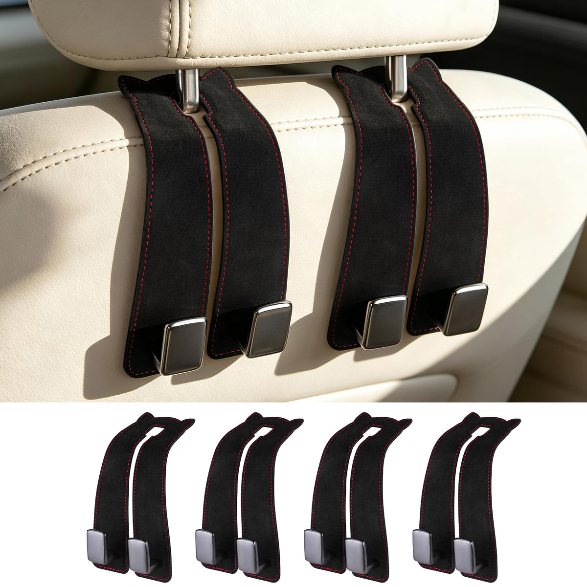 Amooca Car Headrest Hooks 2-Pack Suede Seat Organizer with Metal Core