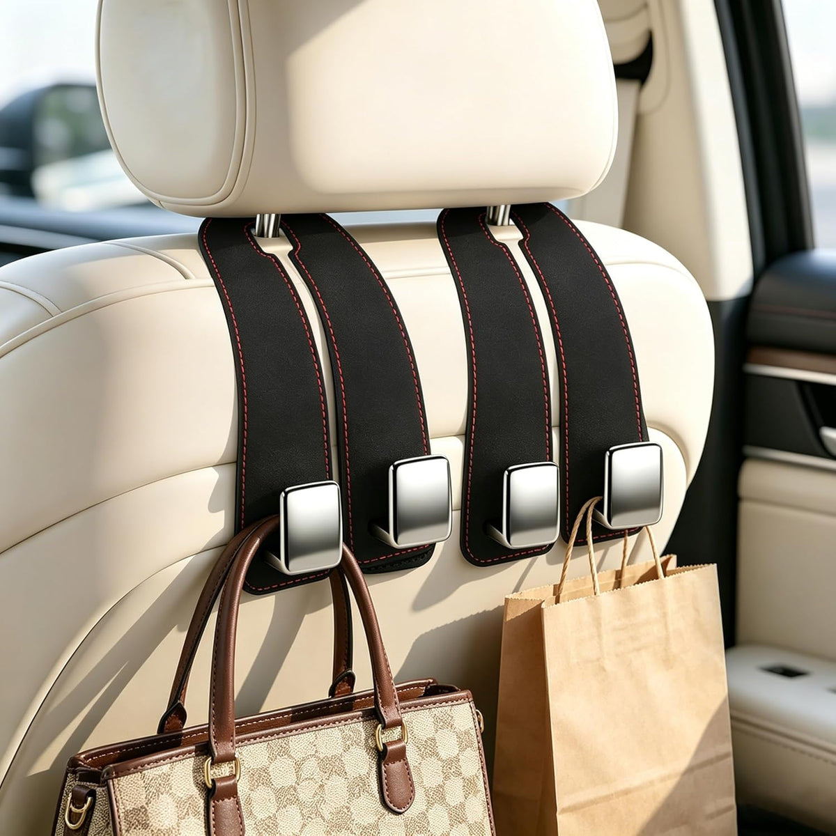 Amooca Car Headrest Hooks 2-Pack Suede Seat Organizer with Metal Core