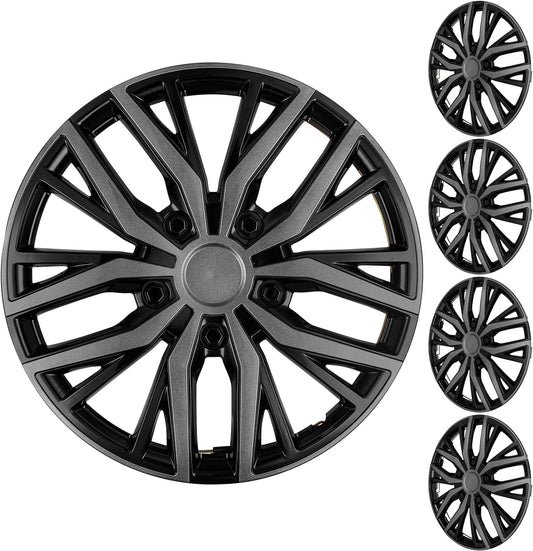 16 Inch Grey Black Universal Wheel Covers for Cars, Trucks and SUVs, Snap-On Hub Caps with Adjustable Retention Ring for Most Flat Steel Wheels, 4 Pack (Grey and Black)