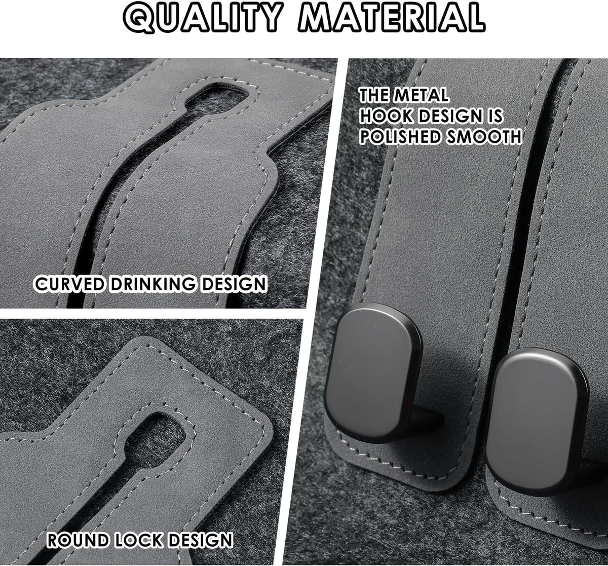 KINIVA Car Seat Headrest Storage Hooks, Set of 2, Suede PU Leather, Double Hooks (Grey)