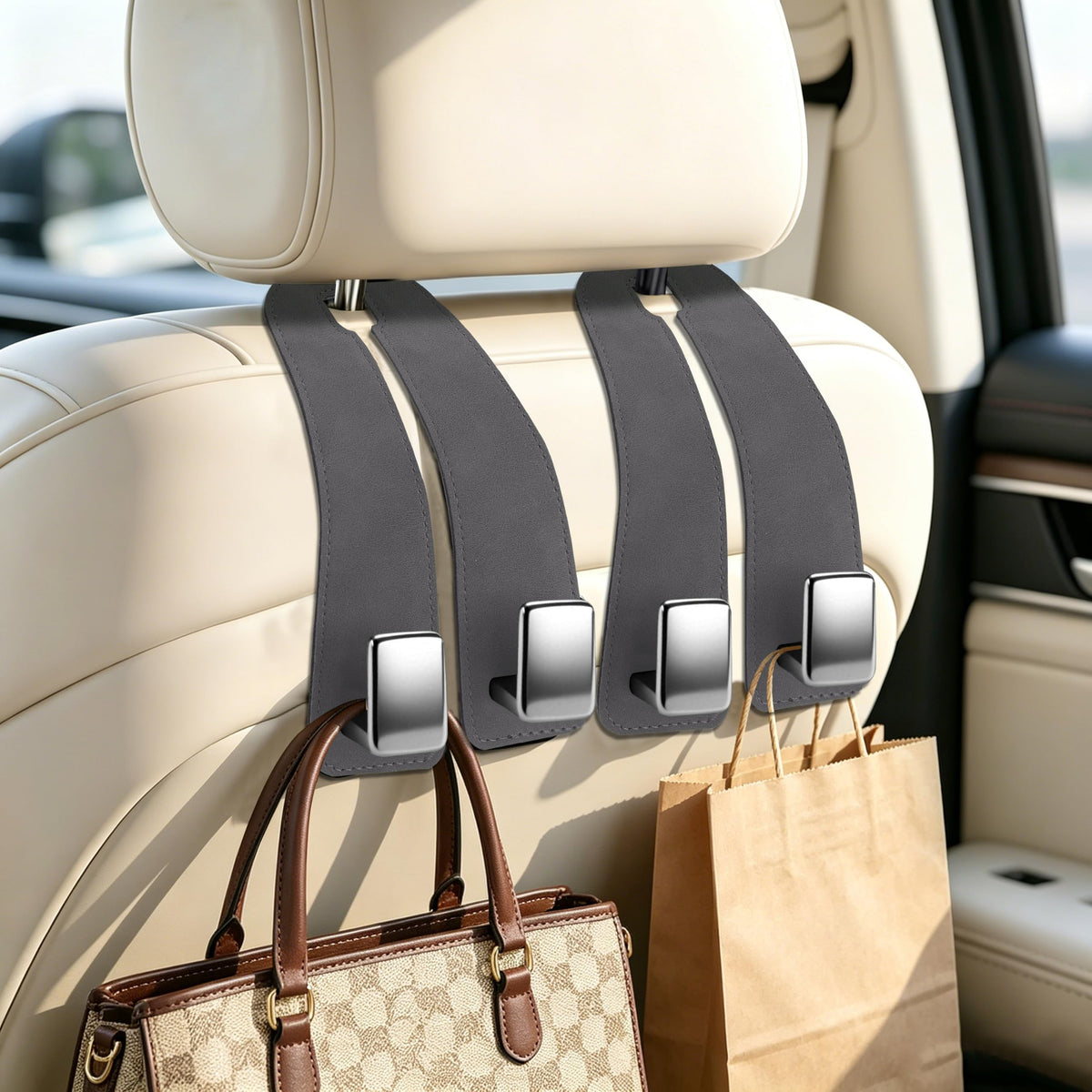 Amooca Car Headrest Hooks 2-Pack Suede Seat Organizer with Metal Core