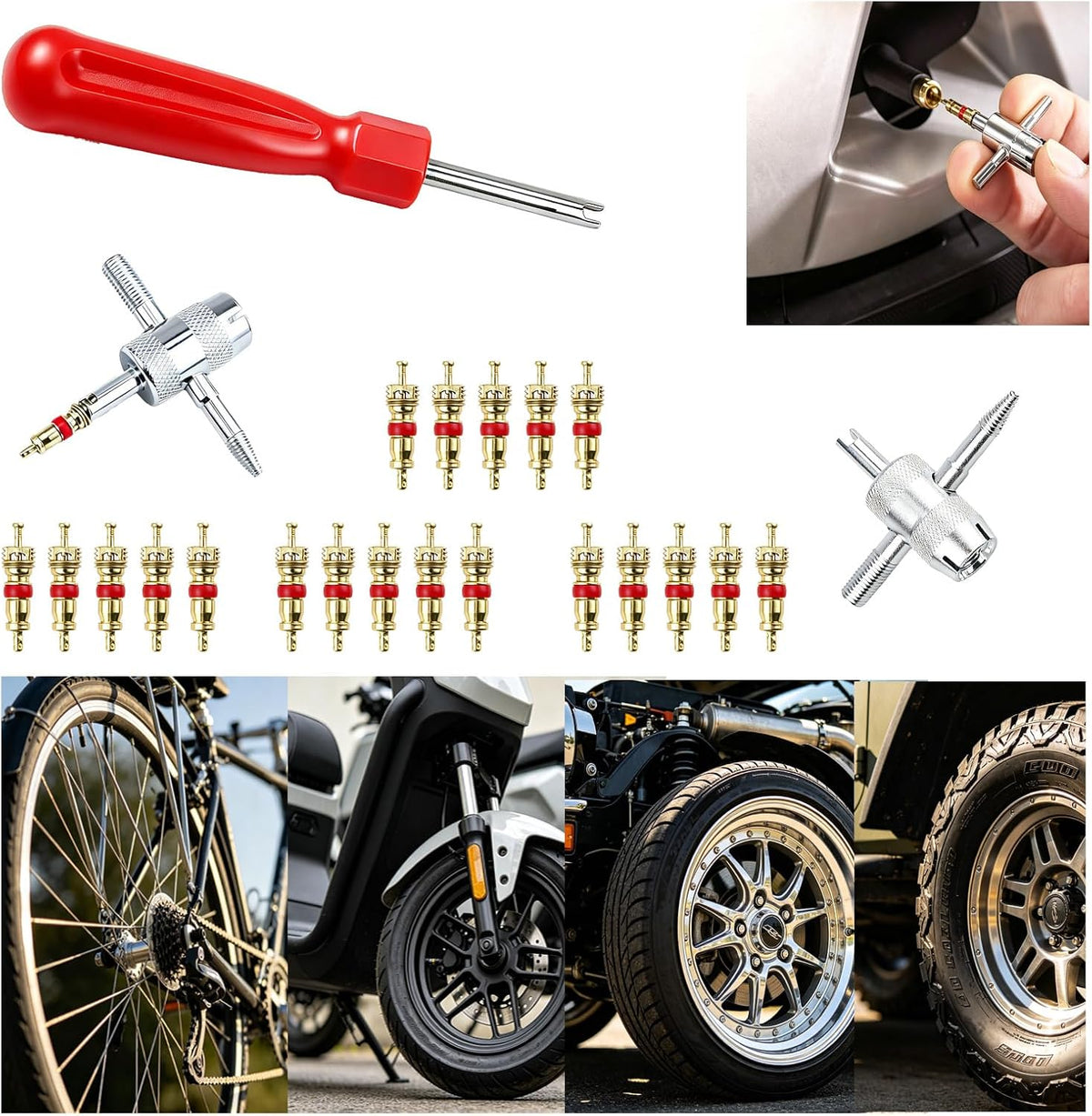 Valve Stem Removal Tool, 20 PCS Valve Cores, 20 PCS Tire Valves Caps, 1 PCS 4-Way Valves Tool, Valve Core Remover Tool with Storage Box Universal for Cars/Motocycle/Bike