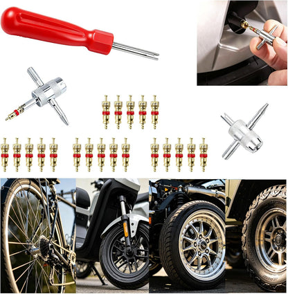 Valve Stem Removal Tool, 20 PCS Valve Cores, 20 PCS Tire Valves Caps, 1 PCS 4-Way Valves Tool, Valve Core Remover Tool with Storage Box Universal for Cars/Motocycle/Bike