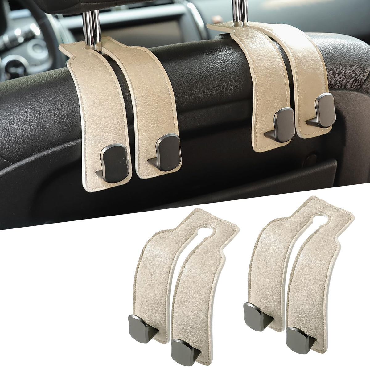 KINIVA Car Seat Headrest Storage Hooks, Set of 2, Suede PU Leather, Double Hooks (Grey)