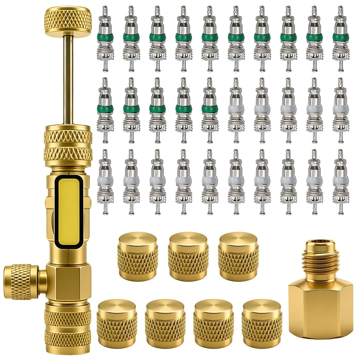 TWTADE R134A Valve Core Quick Remover Installer Tool Kit - High Low Pressure Car A/C Valve Core Removal Tool, Schrader Valve Stem Cores & Seal Caps for R12 R134a Refrigeration Air Conditioner System