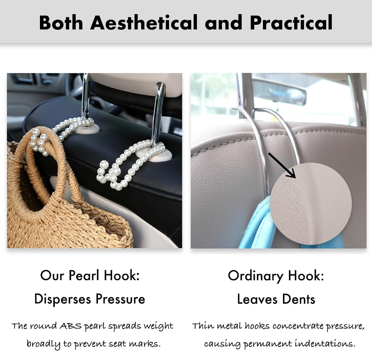 Purse Hook for Car, Pearl Bag Holder for Seat Headrest, 2-Pack