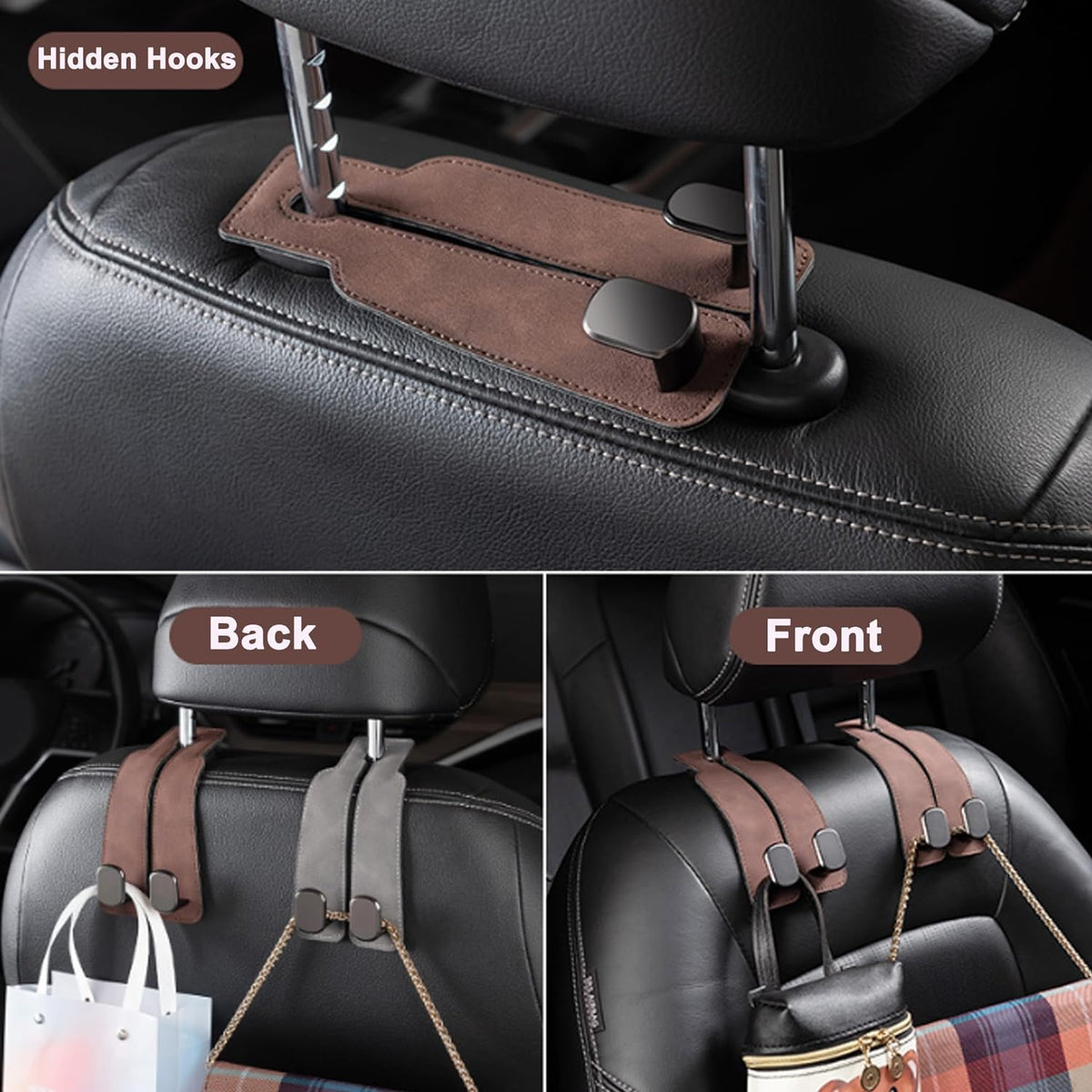 Amelity Car Headrest Hooks, Purse Hook for Car 2 Pack Black