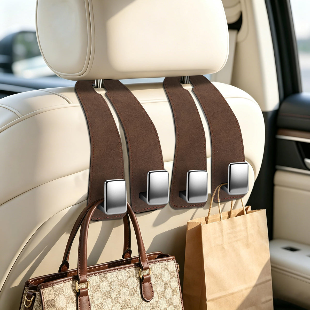 Amooca Car Headrest Hooks 2-Pack Suede Seat Organizer with Metal Core