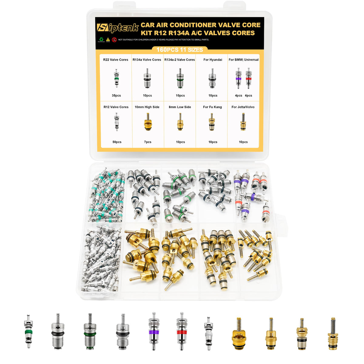 Siptenk 160PCS Car A/C Valve Cores, A/C R12 R134a Schrader Valve Kit