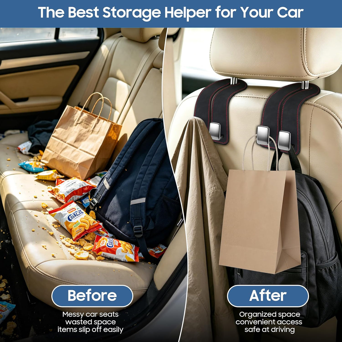 Amooca Car Headrest Hooks 2-Pack Suede Seat Organizer with Metal Core