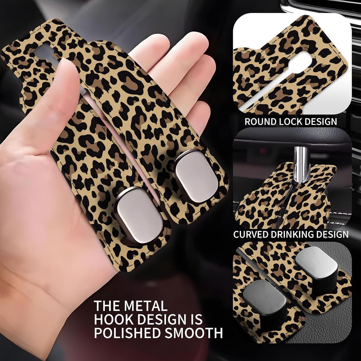 Car Seat Back Storage Headrest Hook, 1 Pack Premium Leather Double Metal Hook, Hanger Storage Organizer for Purse Cloth Bag, Car Interior Accessories Luxury Brown Leopard