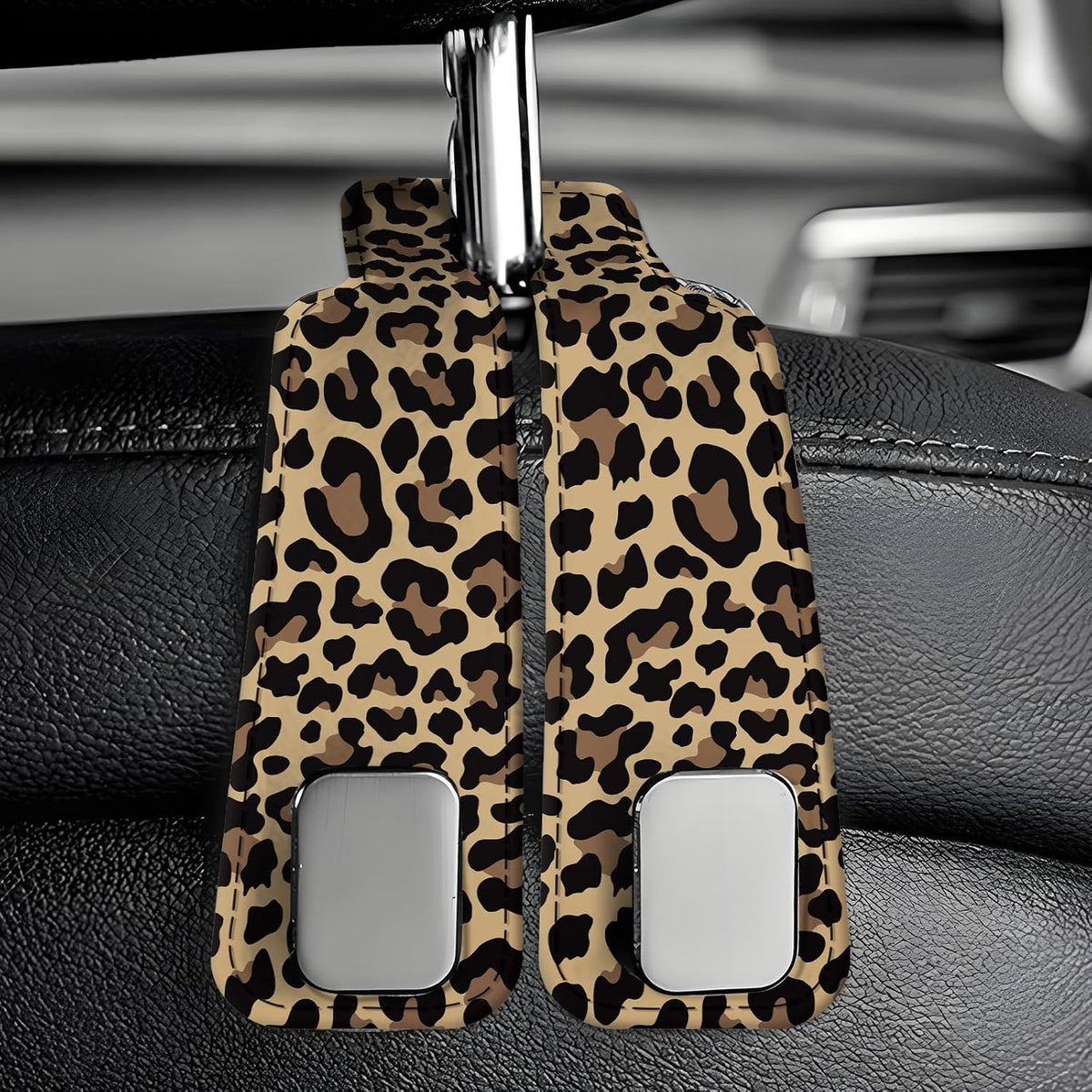 Car Seat Back Storage Headrest Hook, 1 Pack Premium Leather Double Metal Hook, Hanger Storage Organizer for Purse Cloth Bag, Car Interior Accessories Luxury Brown Leopard