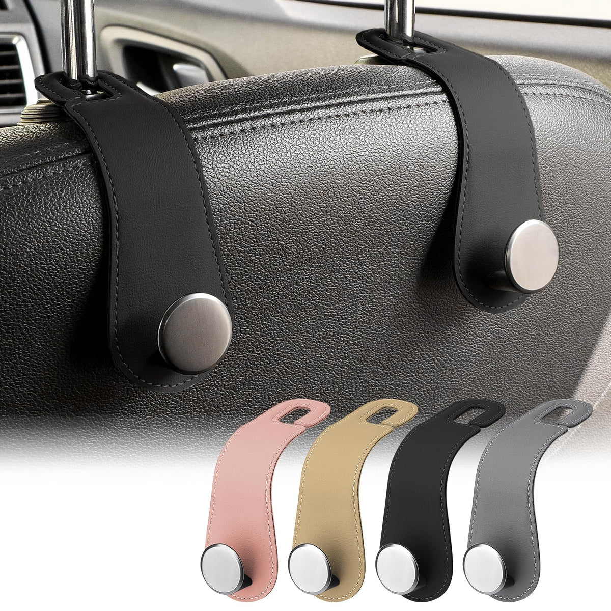 JESTOP Car Headrest Hooks 2 Pack Leather Car Seat Storage Hangers, Apricot