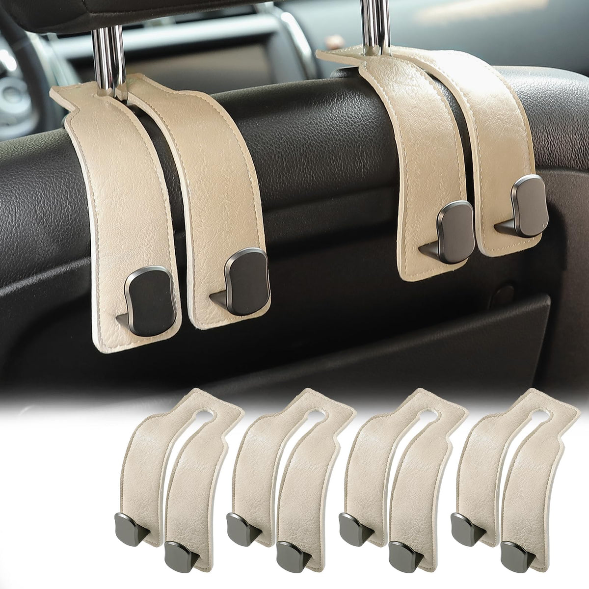KINIVA Car Seat Headrest Storage Hooks, Set of 2, Suede PU Leather, Double Hooks (Grey)