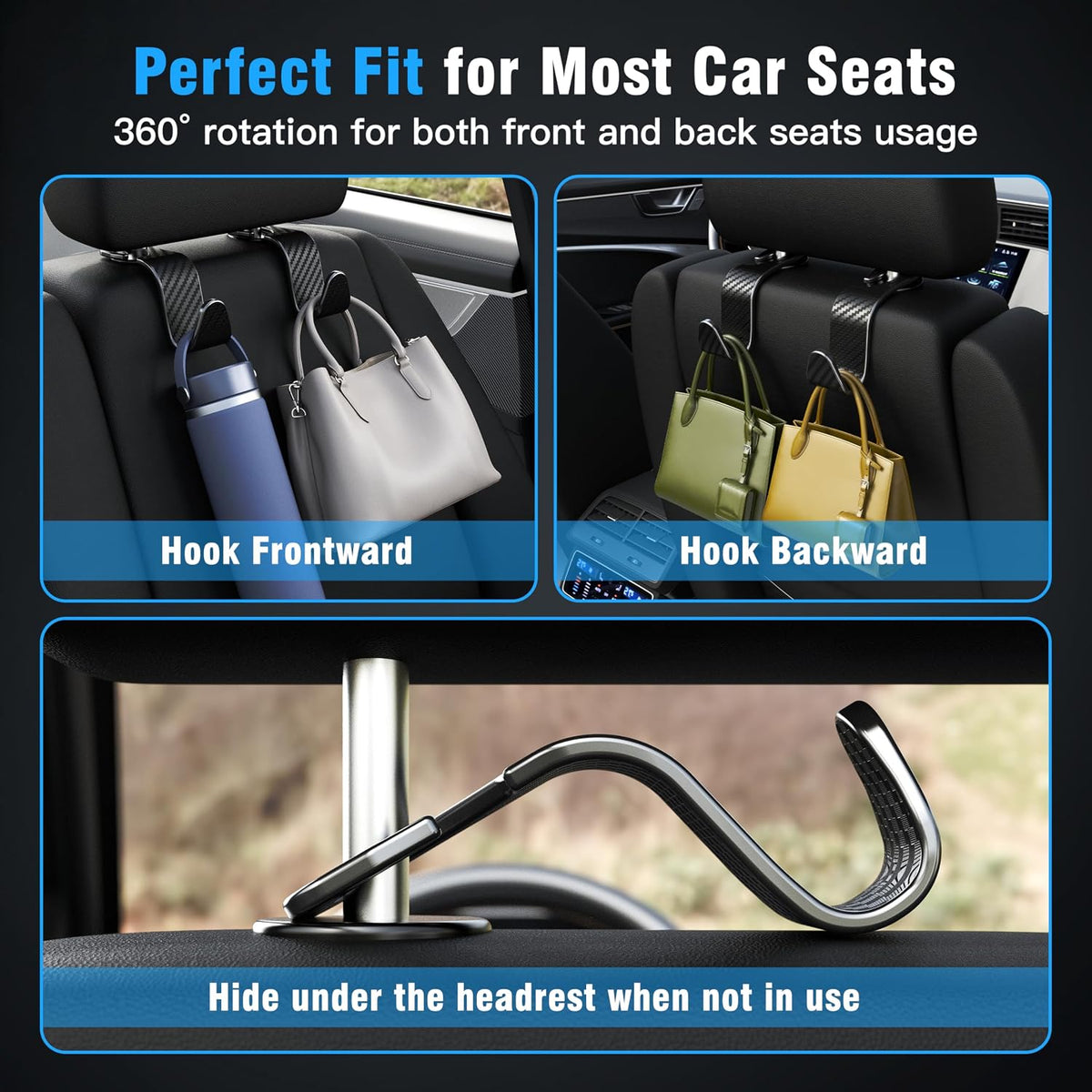 4-Pack Car Headrest Hooks Holds 55lbs Seat Storage Organizer for Bags
