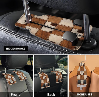 Car Seat Headrest Hook, Universal Leather Cute Hanger Holder Hook, Storage Organizer Interior Accessories for Purse Bags Handbag Retro Cowhide Plaid