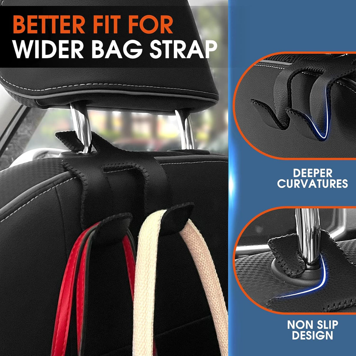 Car Headrest Hooks for Purses and Bags, Upgraded 2 in 1 Cars Back Seat Head Rest Hanger Vehicle Leather Organizer Storage Holder Hook Matching Cars Interior, 1-Pack, Black