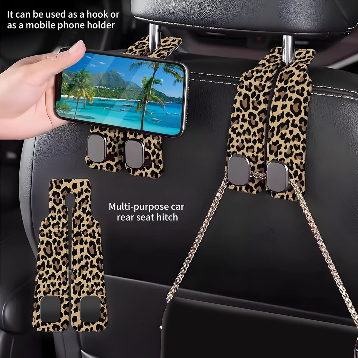 Car Seat Back Storage Headrest Hook, 1 Pack Premium Leather Double Metal Hook, Hanger Storage Organizer for Purse Cloth Bag, Car Interior Accessories Luxury Brown Leopard