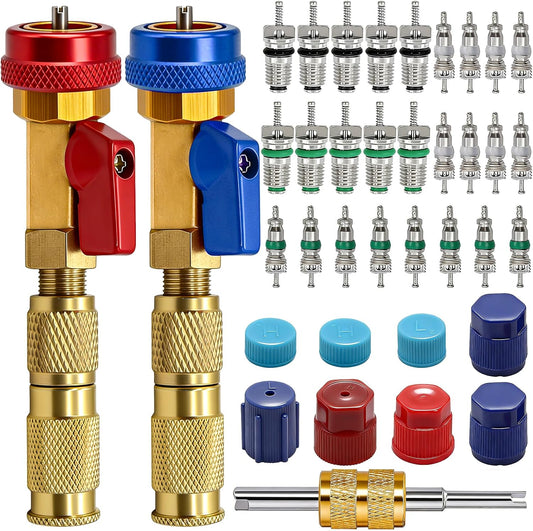 TWTADE R134A Valve Core Quick Remover Installer Tool Kit - High Low Pressure Car A/C Valve Core Removal Tool, Schrader Valve Stem Cores & Seal Caps for R12 R134a Refrigeration Air Conditioner System