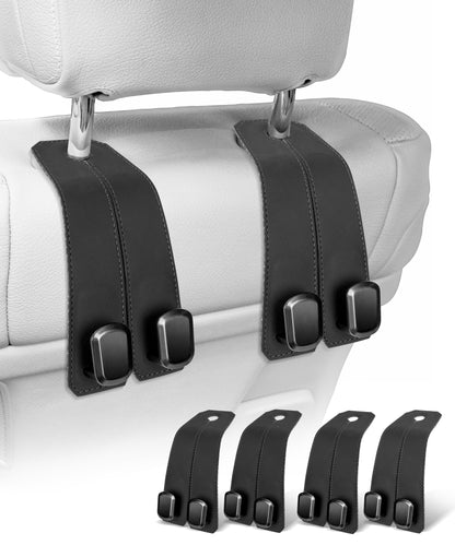 Car Hooks for Headrest, 2Pcs Seat Back Storage Hook Luxurious Leather 100% Metal Multifunctional Car Hanger & Holder for Heatrest, Seat, Bag, Purse (Black)