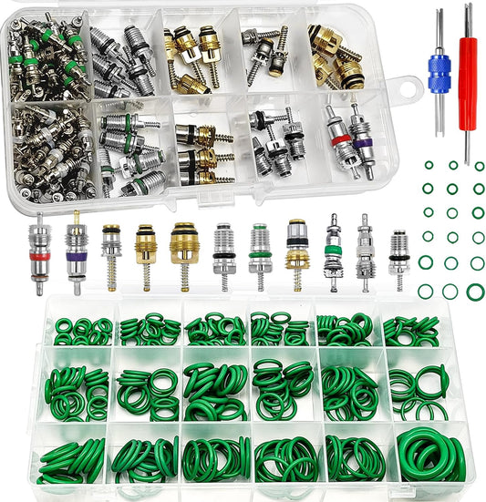 Car A/C Repair Kit, 270PCS O-Ring Set + 102PCS Car Air Conditioner Valve Core Kit with Double Head Install Tool, A/C R12 R134a Refrigeration Tire Valve Stem Cores, O-Ring Seals Kit