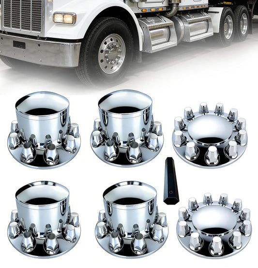 Dome Chrome ABS Hubcaps for Semi Trucks Axle Wheel Cover Kits 2 Rront 4 Rear with 33mm Thread on Lug Nut Covers and Installation Tool