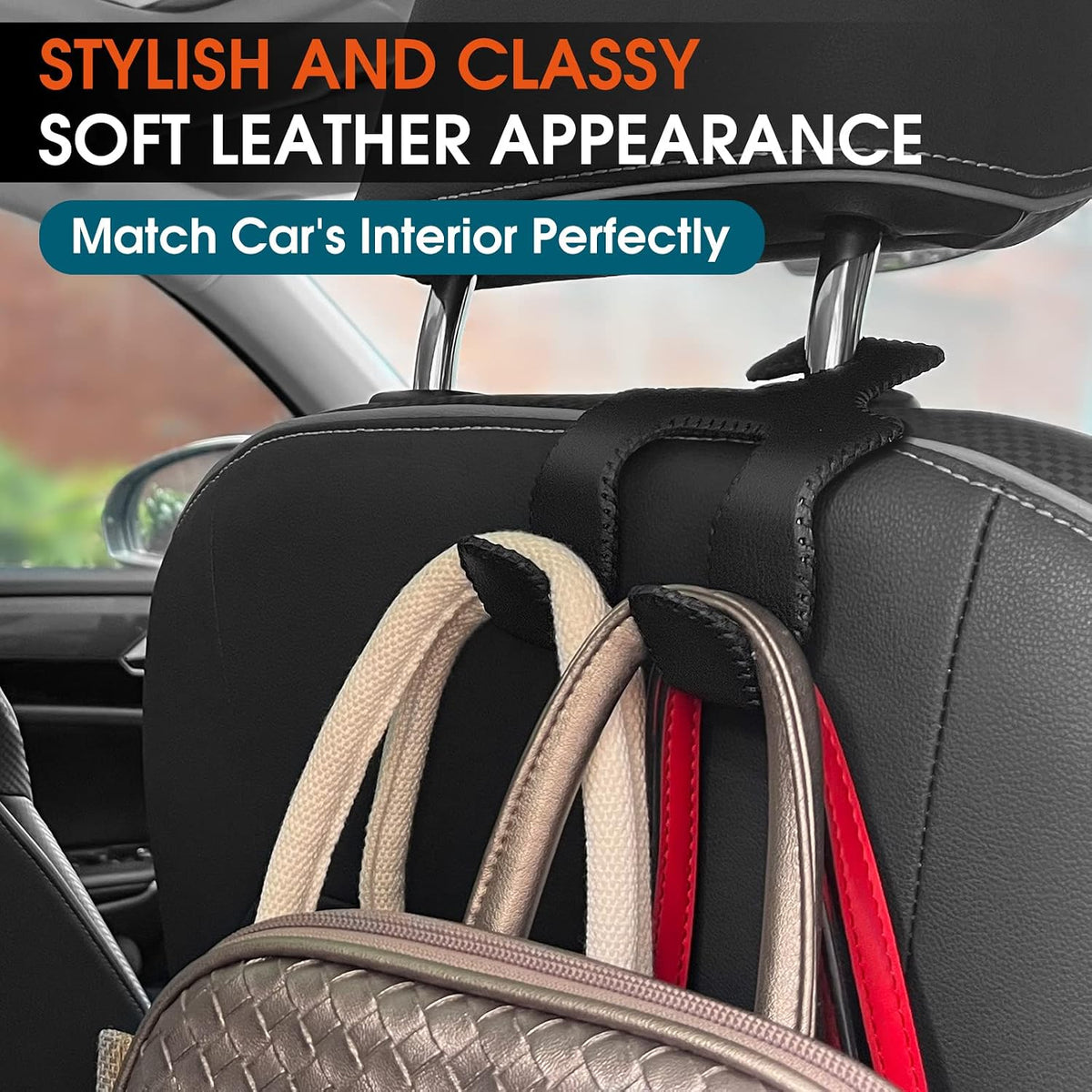Car Headrest Hooks for Purses and Bags, Upgraded 2 in 1 Cars Back Seat Head Rest Hanger Vehicle Leather Organizer Storage Holder Hook Matching Cars Interior, 1-Pack, Black