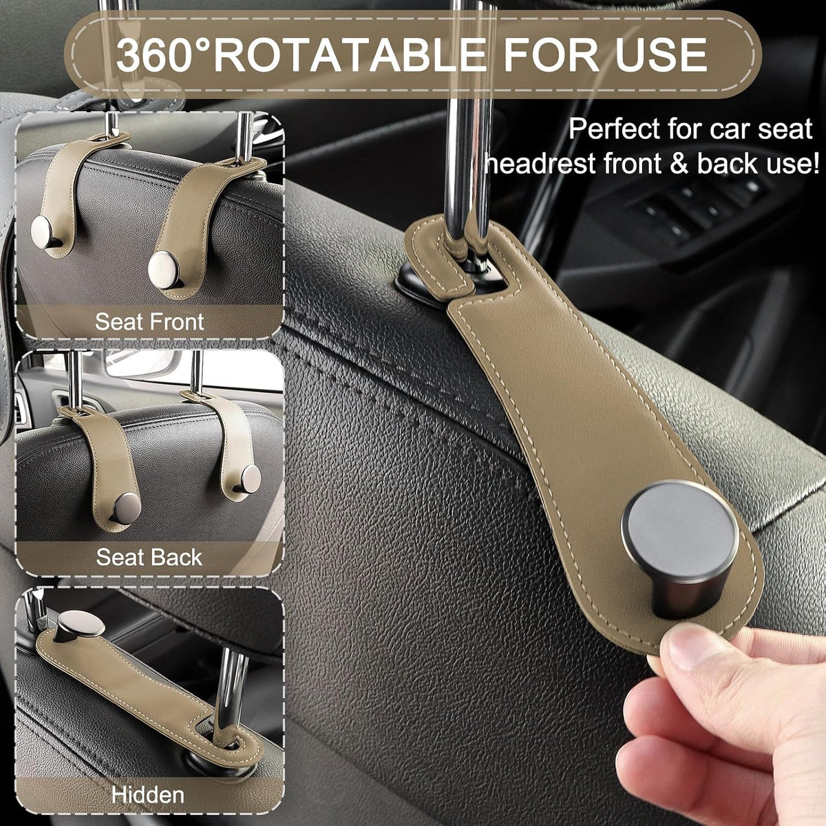 JESTOP Car Headrest Hooks 2 Pack Leather Car Seat Storage Hangers, Apricot