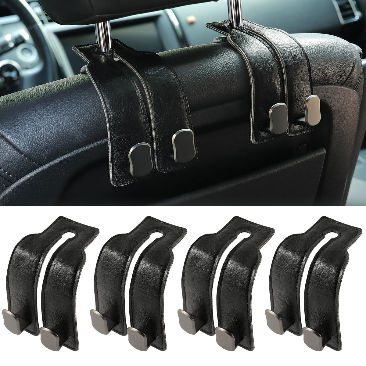 KINIVA Car Seat Headrest Storage Hooks, Set of 2, Suede PU Leather, Double Hooks (Grey)