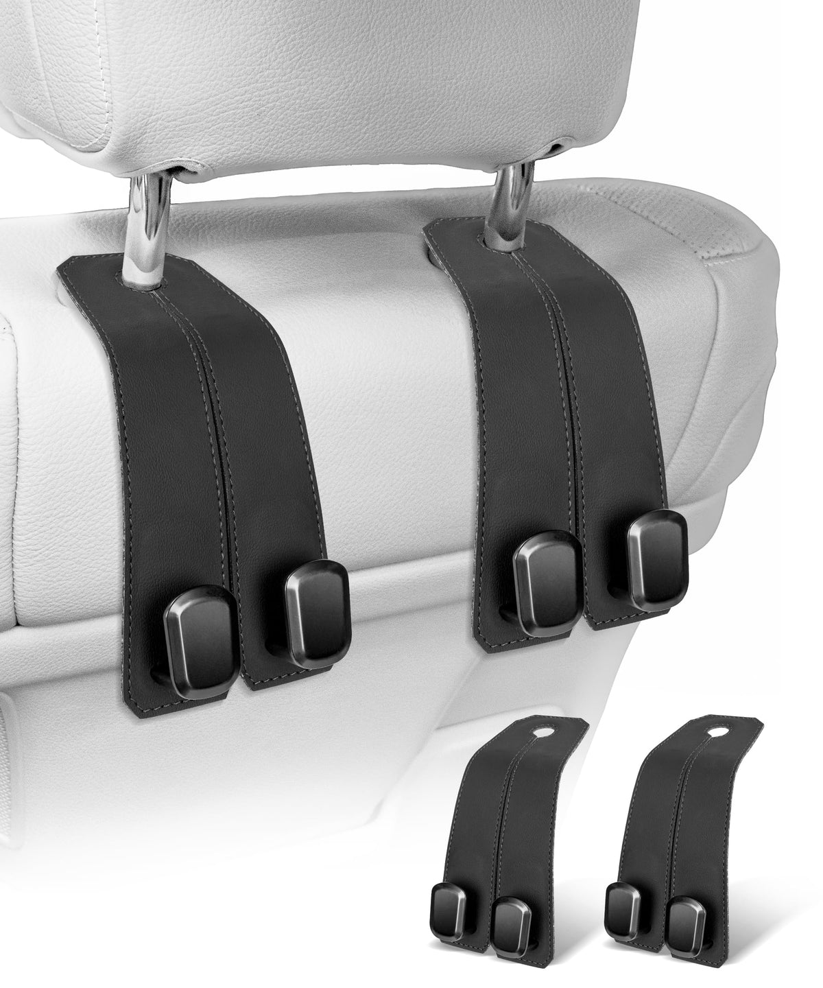 Car Hooks for Headrest, 2Pcs Seat Back Storage Hook Luxurious Leather 100% Metal Multifunctional Car Hanger & Holder for Heatrest, Seat, Bag, Purse (Black)