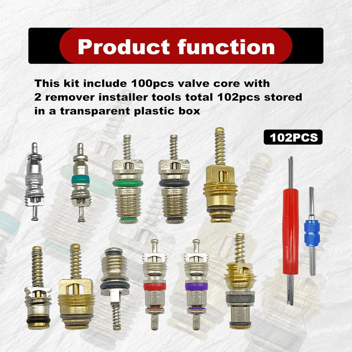 102Pcs Air Conditioning Valve Core Accessories Kit, A/C R12 R134a Refrigeration Tire Valve Stem with Double Head Dual Dismantling Remover Installer Tool Assortment Kit