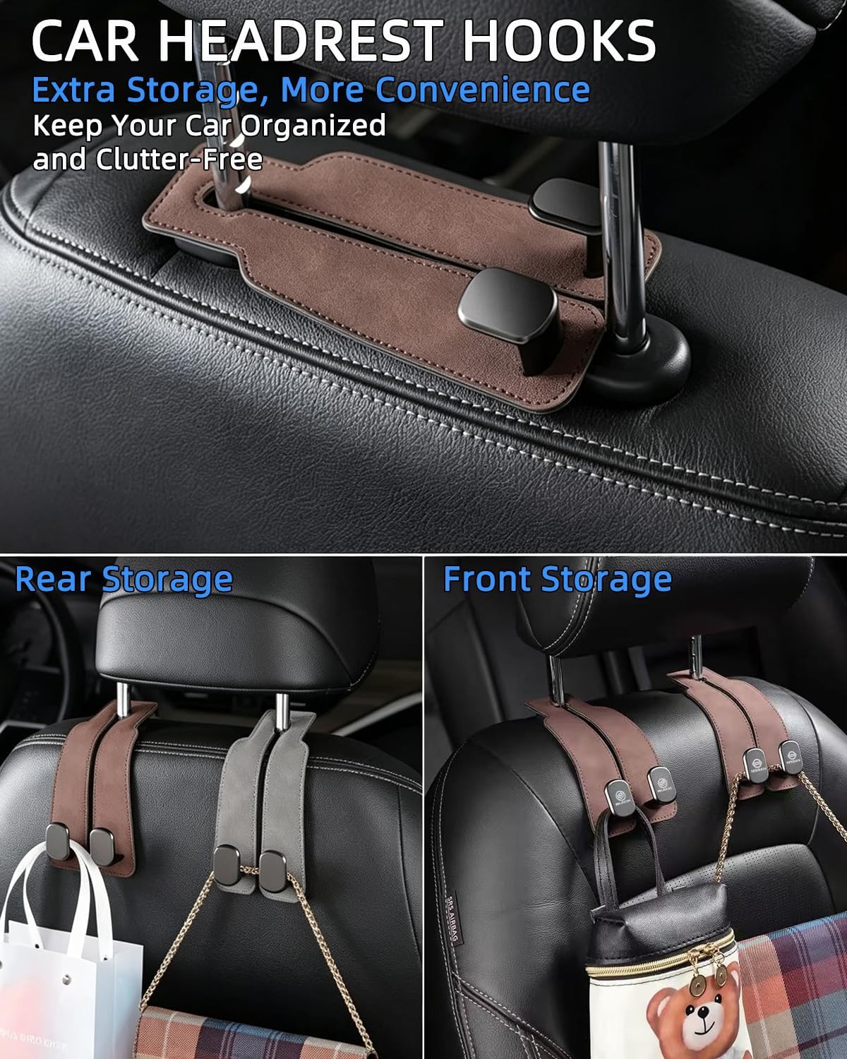 Car Headrest Hooks Holds,Universal Leather Car Purse Hook Kit (13 Pack)