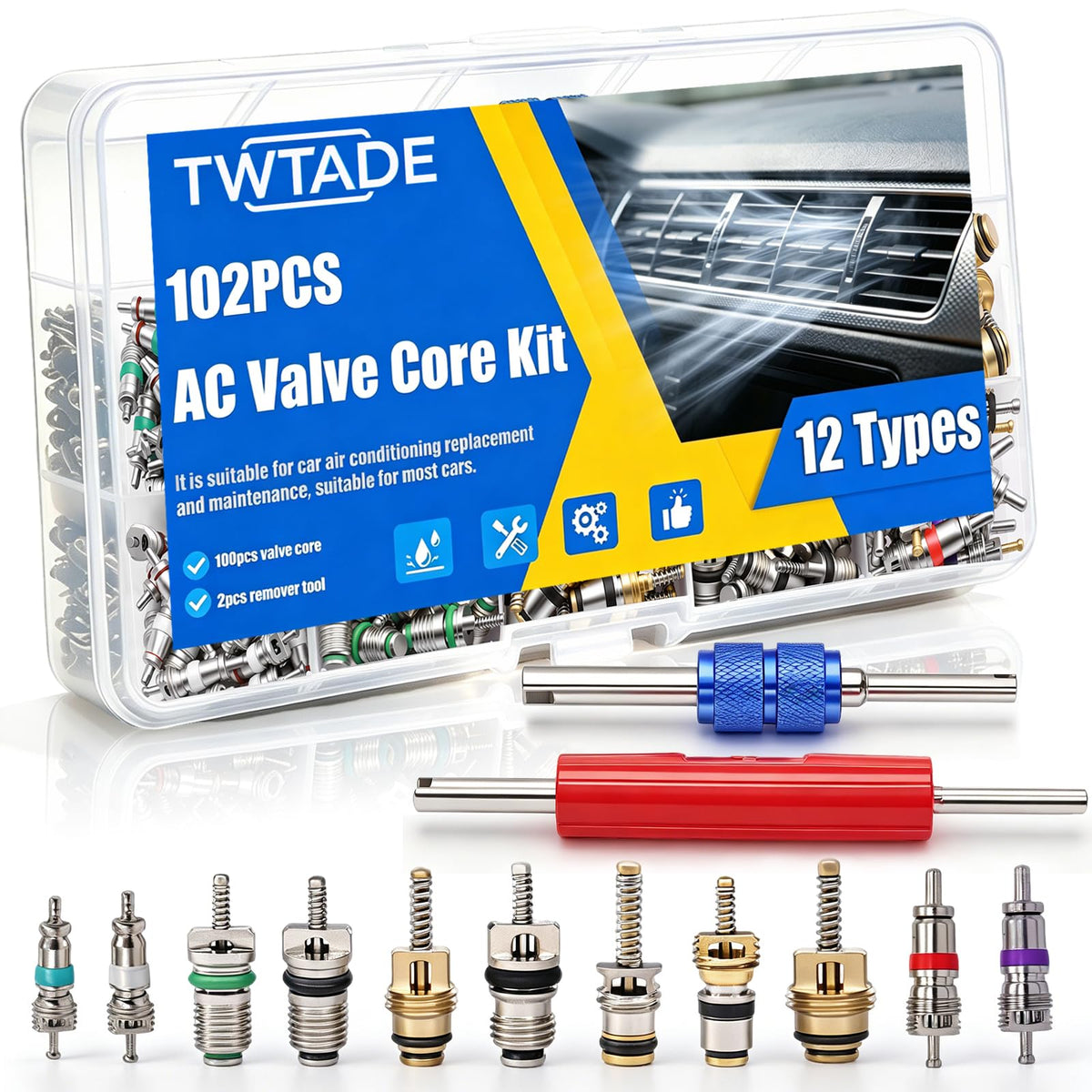 TWTADE R134A Valve Core Quick Remover Installer Tool Kit - High Low Pressure Car A/C Valve Core Removal Tool, Schrader Valve Stem Cores & Seal Caps for R12 R134a Refrigeration Air Conditioner System