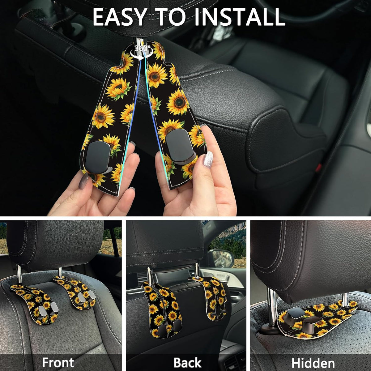 Blusabaca 2PCS Car Seat Headrest Hooks, Purses Bags Holder, Sunflower