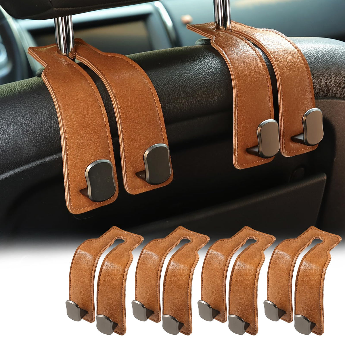 KINIVA Car Seat Headrest Storage Hooks, Set of 2, Suede PU Leather, Double Hooks (Grey)