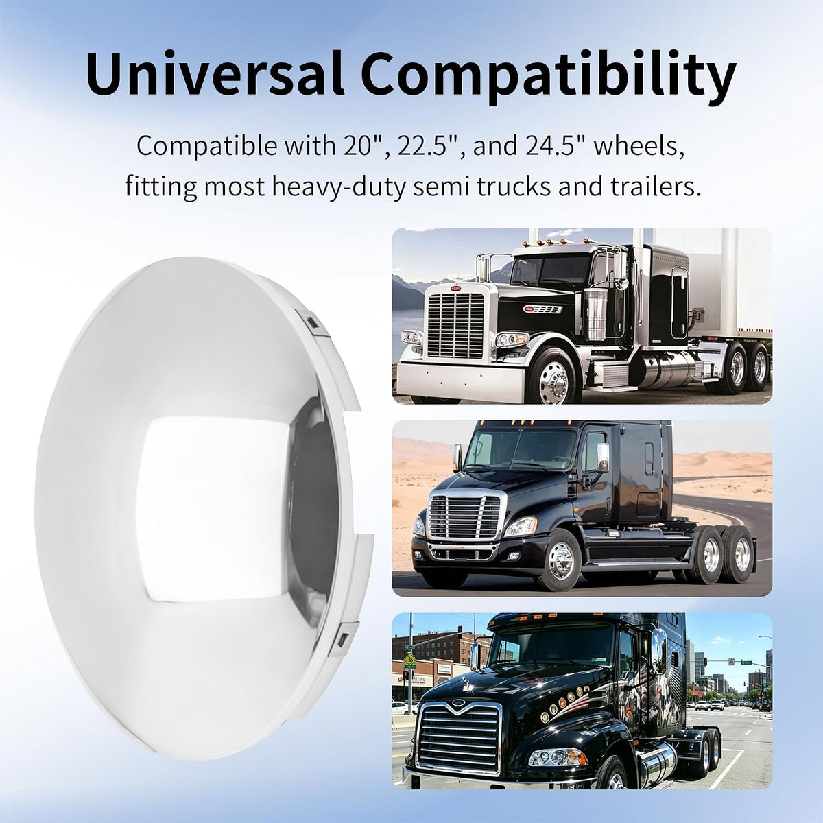 2 PCS Chrome Semi Truck Hub Cap Covers, 5 Even Notched - Fits 8-23/32" Front Wheel Hub Caps, 7/16" Lip with Pre-Installed Clips, Dome Metal Covers Replaces MW1273BK ACX43200
